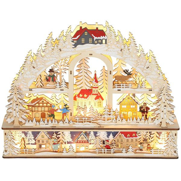 HOMCOM Weihnachtsdorf mit LED-Leuchtung, 45 cm Weihnachtsstadt mit Schneemann, Renntier und Bäume Naturholz, 83C-114V00ND