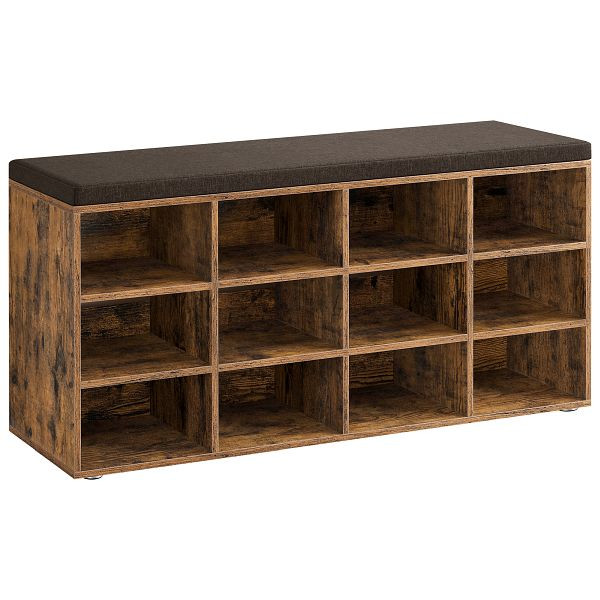 VASAGLE Schuhbank, Aufbewahrungsbank mit gepolstertem Sitz mit Polsterung, 12 Fächer, verstellbare Regale, 30,3 x 104 x 48 cm, rustikal braun, LHS012B01