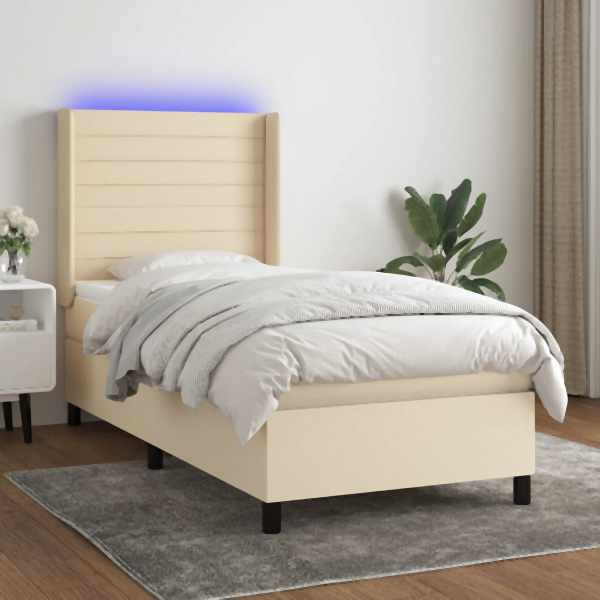 vidaXL Boxspringbett mit Matratze & LED Creme 90x200 cm Stoff, 3138370