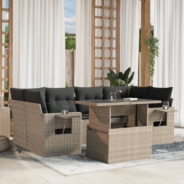 vidaXL 7-tlg. Garten-Sofagarnitur mit Kissen Hellgrau Poly Rattan, 3267762