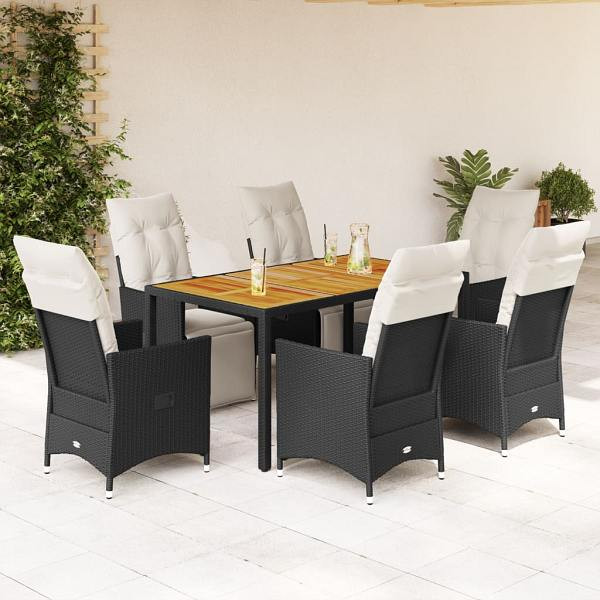 vidaXL 7-tlg. Garten-Essgruppe mit Kissen Schwarz Poly Rattan, UV-beständig, 3276858