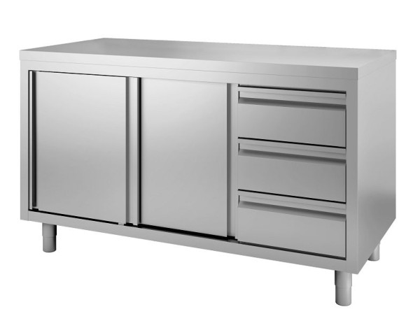 Gastro-Inox Edelstahl Arbeitsschrank mit Schiebetüren und 3 Schubladen, 1400(L)x700(T)x880(H) mm, 302.343