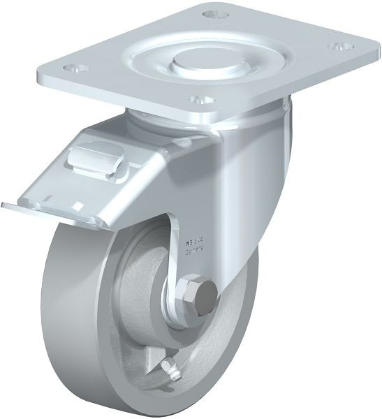 Blickle LH-G 125K-3-FI Stahlblech-Lenkrolle, Schwerlast-Ausführung, mit Anschraubplatte & Feststeller, Guss, Grau, 754601