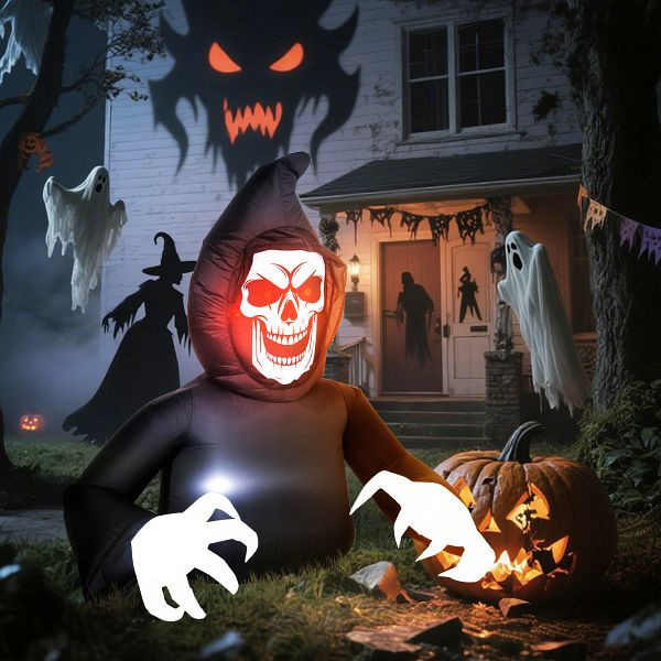 Outsunny Aufblasbare Halloween-Dekoration, Sensenmann, LED-Leuchten, Gebläse, Kabel, 84J-115V90BK