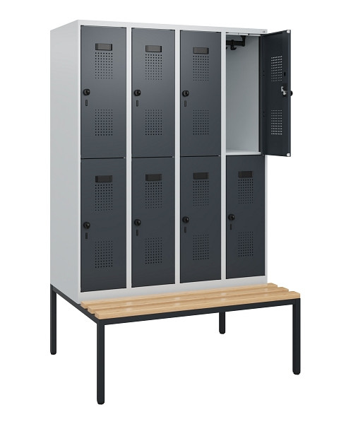 C+P Doppelstöckiger Spind Evolo PLUS, Bank, 8 Fächer, 1950x1200x815mm, 7035/7016, Drehriegel, Sitzfläche Buche-Hartholz, Sitzbank, 0493505-40 S10012