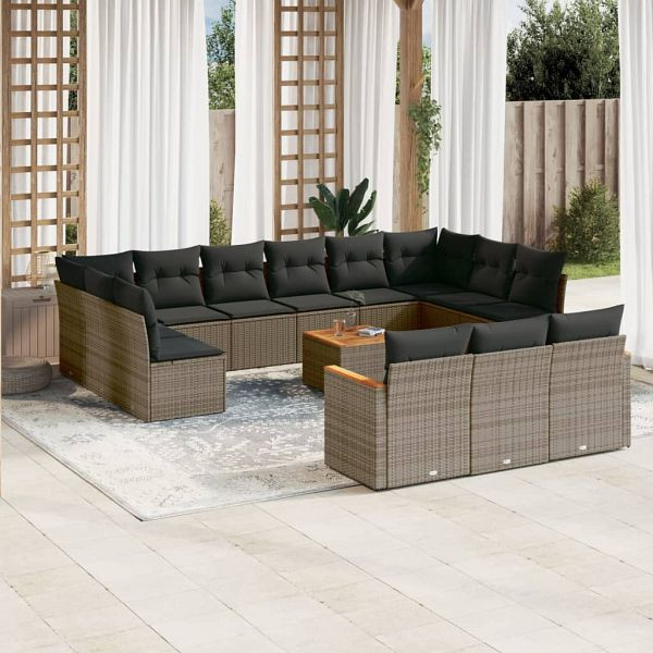 vidaXL 14-teilig Garten-Sofagarnitur mit Kissen Grau Poly Rattan, 3226466