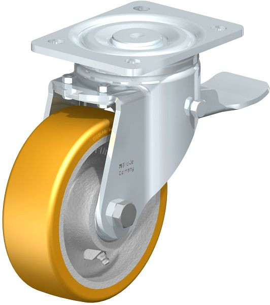 Blickle LH-GTH 150K-ST Stahlblech-Lenkrolle, Schwerlast-Ausführung, mit Anschraubplatte & Feststeller, Blickle Extrathane®, Hellbraun, 300699