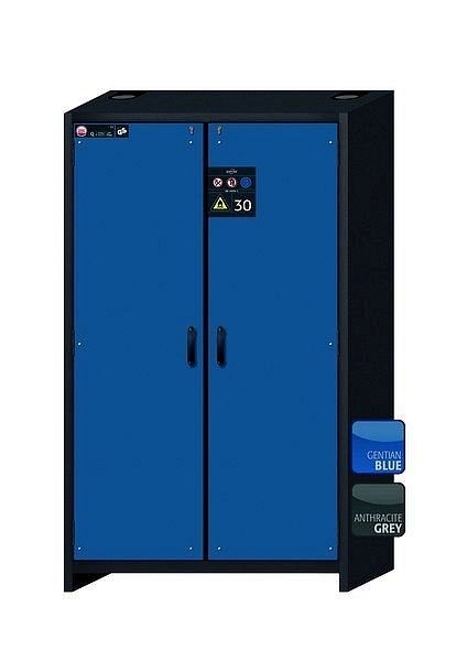 asecos Sicherheitsschrank Q-CLASSIC-30, Q30.195.116 in enzianblau RAL 5010 mit 4x Auszugswanne Standard (Edelstahl), 31003-067-30018