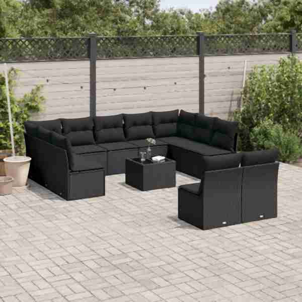 vidaXL 12-tlg. Garten-Sofagarnitur mit Kissen Schwarz Poly Rattan, UV-beständig, 3250194