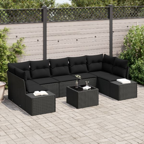 vidaXL 8-teiliges Garten-Sofa-Set mit Kissen aus schwarzem Poly-Rattan, 3355652