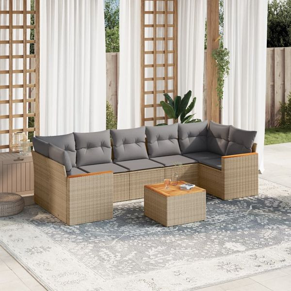 vidaXL 8-teilig Garten-Sofagarnitur mit Kissen Beige Poly Rattan, 3258216