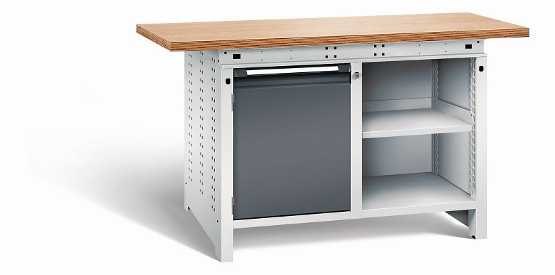 Otto Kind Werkbank Serie function Typ 210, Multiplexplatte 40 mm, überstehend, 2x Unterbau, Gehäuse RAL 7035, Front RAL 7016, 072340249