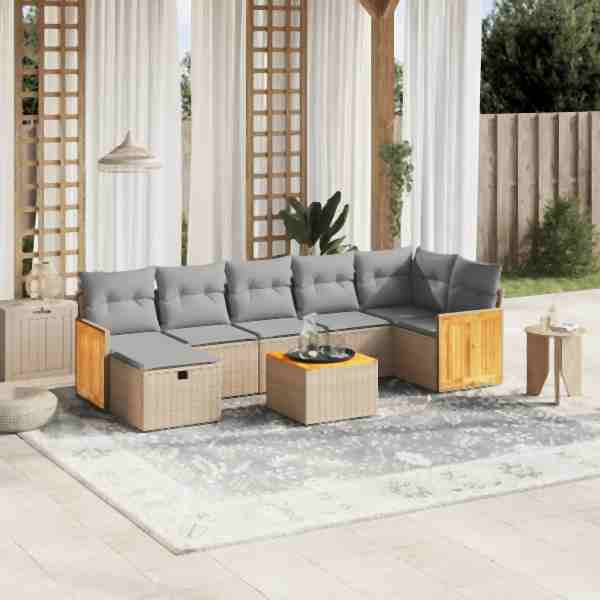 vidaXL 8-tlg. Garten-Sofagarnitur mit Kissen Beige Poly Rattan, UV-beständig, 3265756