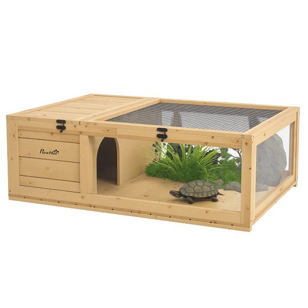 PawHut Schildkrötenhaus aus Holz, Schildkrötengehege mit Haupthäusern, aufklappbare Oberseite, 91 x 60,5 x 32 cm, Gelb, D40-012V00YL