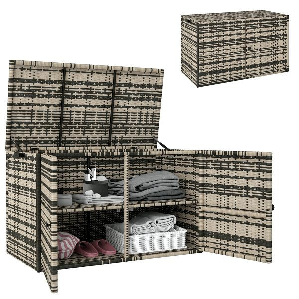 Outsunny Rattan Auflagenbox 350L 2-Ebenne Kissenbox mit Deckel Hebestangen Tragegriffe 118 x 57 x 69 cm Mischgrau, 865-031V00GG