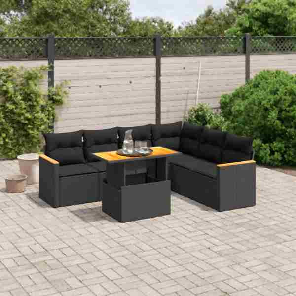vidaXL 7-tlg. Garten-Sofagarnitur mit Kissen Schwarz Poly Rattan, UV-beständig, 3273092