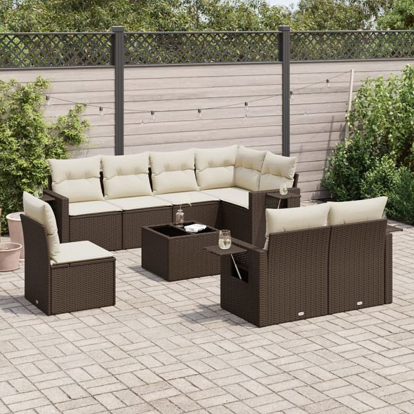vidaXL 9-tlg. Garten-Sofagarnitur mit Kissen Braun Poly Rattan, 3252790