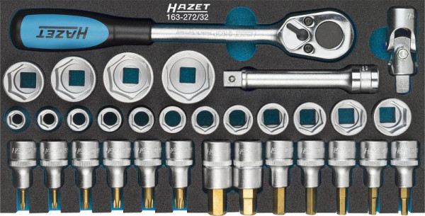 Hazet Steckschlüssel Satz, Vierkant hohl 12,5 mm, Außen-Doppel-Sechskant-Tractionsprofil, Innen TORX® Profil, Innen-Sechskant Profil, 163-272/32