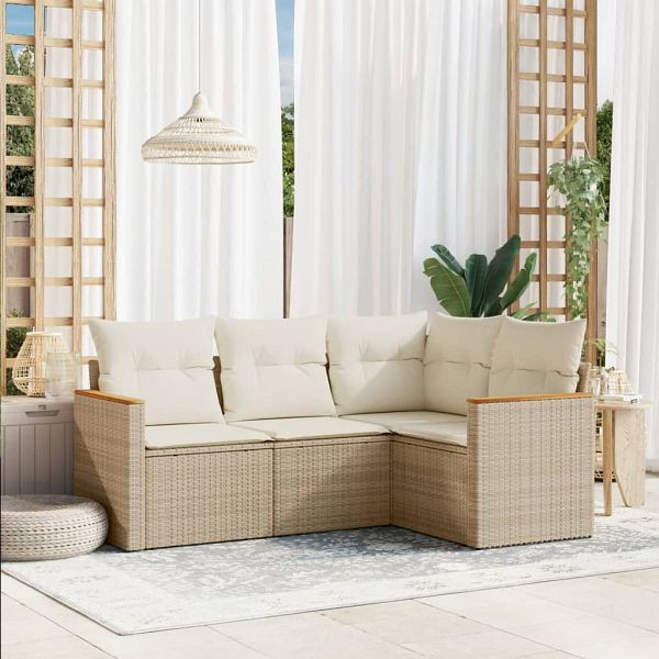 vidaXL 4-teilig Garten-Sofagarnitur mit Kissen Beige Poly Rattan, 3258334