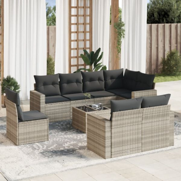 vidaXL 9-tlg. Garten-Sofagarnitur mit Kissen Hellgrau Poly Rattan, 3251589