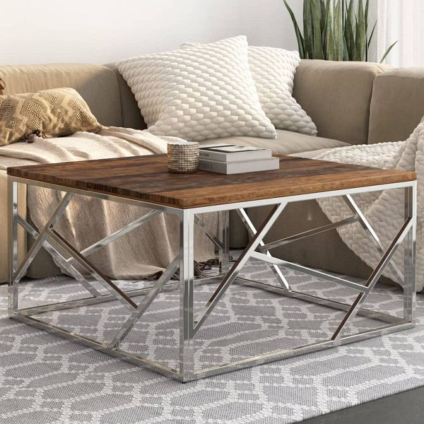 vidaXL Couchtisch Silbern Edelstahl und Massivholz, 349949