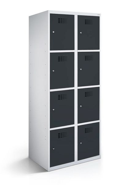 KEMMLIT Schließfachschrank mit 2 Abteilen und 8 Türen 30cm mit geschlossenem Sockel, Anthrazitgrau 7016, Zylinderschloss, 100623