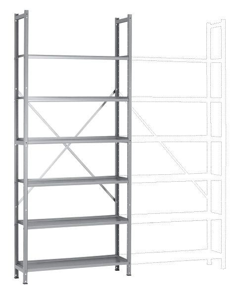 Manuflex Büro-Steck-Grundregal mit 6 pulverbeschichteten Stahlböden, HxBxT = 2250 x 960 x 300 mm, alusilber, RA3161.9006