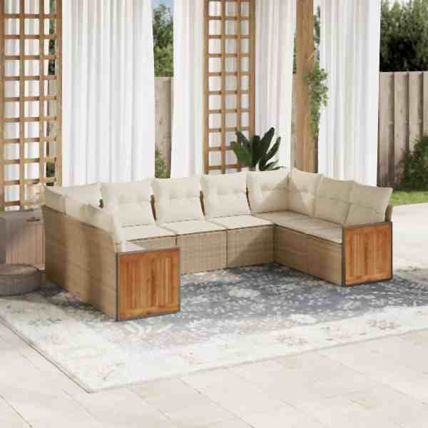 vidaXL 9-tlg. Garten-Sofagarnitur mit Kissen Beige Poly Rattan, UV-beständig, 3260357