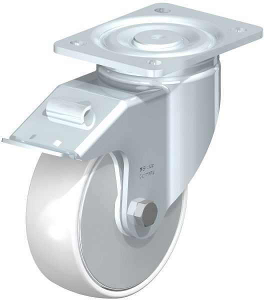 Blickle LH-PO 150K-FI-FA Stahlblech-Lenkrolle, Schwerlast-Ausführung, mit Anschraubplatte & Feststeller, Polyamid, Weiß, 750013