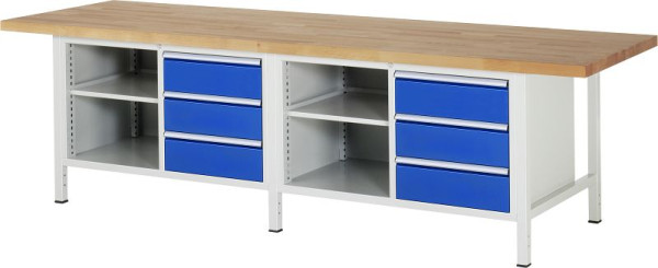 RAU Werkbank Serie 8000 - Gestell-Bauweise (Schweißgestell), Doppel-Unterbau-Container (1x Fachboden, 3x Schublade), 3000x840x900 mm, 03-8462A2-309B4S.11