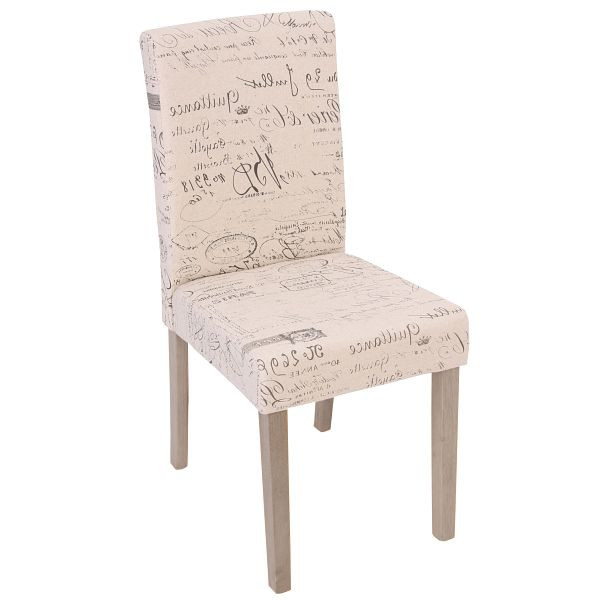 Mendler 4er-Set Esszimmerstuhl Littau, Stuhl Küchenstuhl, Textil mit Schriftzug, creme, Beine Struktur - Eiche, 48064
