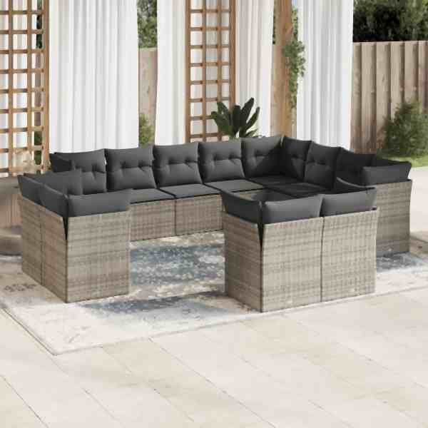 vidaXL 12-tlg. Garten-Sofagarnitur mit Kissen Grau Poly Rattan, UV-beständig, 3250369