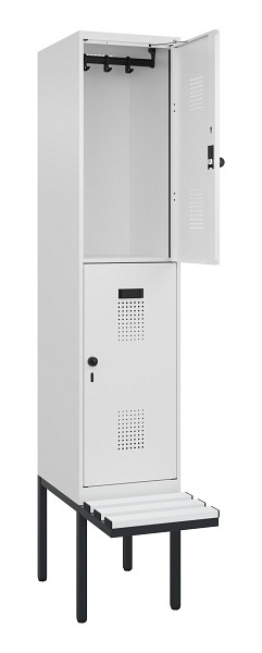 C+P Doppelstock-Spind Evolo PLUS, Bank, 2 Fächer, 2120x400x815mm, 9016/9016, Drehriegel, Sitzfläche Kunststoff, 0493407-12 S10101