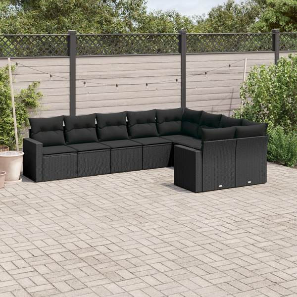 vidaXL 9-tlg. Garten-Sofagarnitur mit Kissen Schwarz Poly Rattan, UV-beständig, 3251772