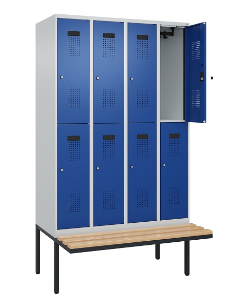 C+P Doppelstock-Spind Evolo PLUS, Bank, 8 Fächer, 2120x1200x815mm, 7035/5010, Zylinderschloss, Sitzfläche Buche-Hartholz, 0493407-40 S10033