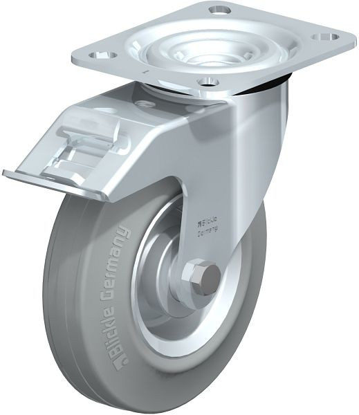 Blickle L-V 125R-FI-SG Stahlblech-Lenkrolle, mittelschwere Ausführung, mit Anschraubplatte & Feststeller, Vollgummi, Grau, 5892