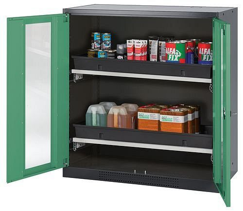 asecos Chemikalienschrank Systema-T CS-102G, Korpus anthrazit, Flügeltüren grün, 2 Tablarauszüge, 208704