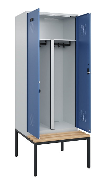 C+P PSA Doppel-Spind Evolo PLUS, Bank, 2 Abteile, 2120x800x815mm, 7035/5023, Zylinderschloss, Sitzfläche Buche-Hartholz, Sitzbank, 0490527-22P S10035