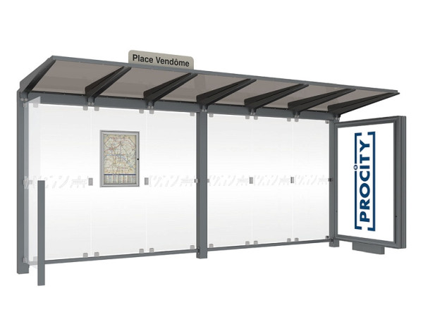 Procity Wartehalle Venedig, Leuchtkasten Mittelfuß + 1 Seitenverkleidung, Farbe Procity grau, Maße: Breite 5000 x Höhe 2422 x Tiefe 1520 mm, 529663.GPRO