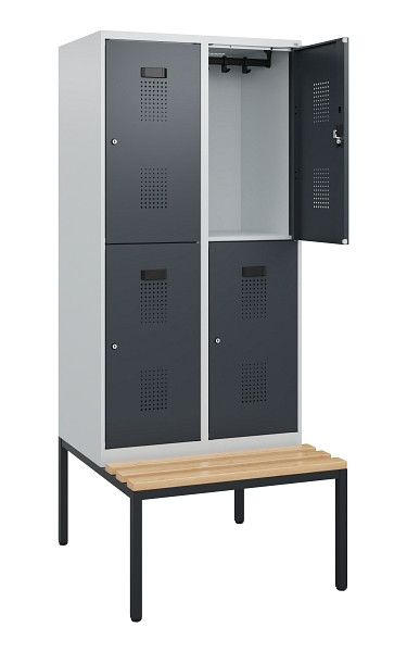 C+P Doppelstöckiger Spind Evolo PLUS, Bank, 4 Fächer, 1950x800x815mm, 7035/7016, Zylinderschloss, Sitzfläche Buche-Hartholz, Sitzbank, 0493505-22 S10039
