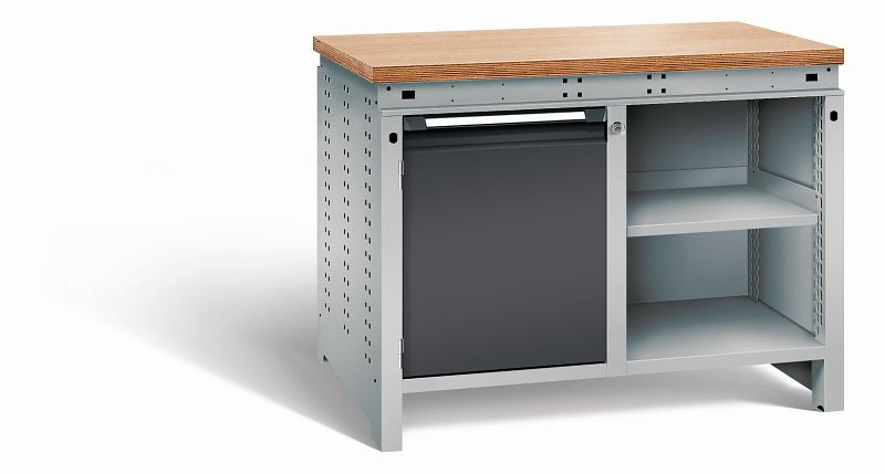Otto Kind Werkbank Serie function Typ 210, Multiplexplatte 40 mm, bündig, 2x Unterbau, Gehäuse RAL 9006, Front RAL 9005, 07234013N