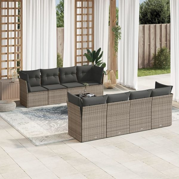 vidaXL 9-teilig Garten-Sofagarnitur mit Kissen Grau Poly Rattan, 3249149