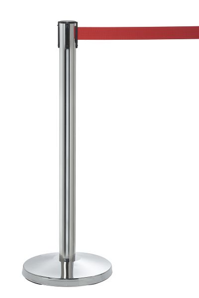 4er-Set Absperrpfosten Edelstahl Hochglanz – 95,5 Cm Hoch, 3 M Rotes Gurtband, 4-Wege-System Für Flexible Leitsysteme
