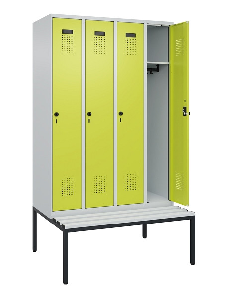 C+P Spind Evolo PLUS, 4 Abteile, 2120x1200x815mm, 7035/0024, Haken 3, Drehriegel, Sitzfläche Kunststoff, Sitzbank, 0490507-40 S10069