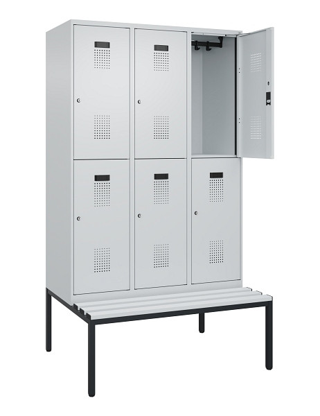 C+P Doppelstock-Spind Evolo PLUS, Bank, 6 Fächer, 2120x1200x815mm, 7035/7035, Zylinderschloss, Sitzfläche Kunststoff, Sitzbank, 0493507-32 S10121