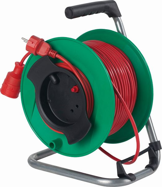 as-Schwabe Sicherheits-Gerätetrommel 230mm Ø grün 25m Kunststoffmantelleitung, H05VV-F 3G1,5 rot mit Schutzkontaktstecker und -Kupplung, 12323