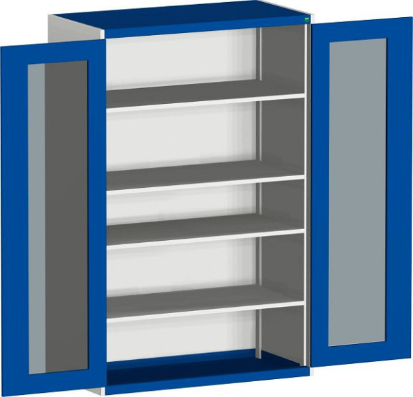 bott cubio Sichtfensterschrank bestückt mit 4 Fachböden BxTxH: 1300 x 650 x 2000 mm, RAL 7035/5010, 40022060.11V