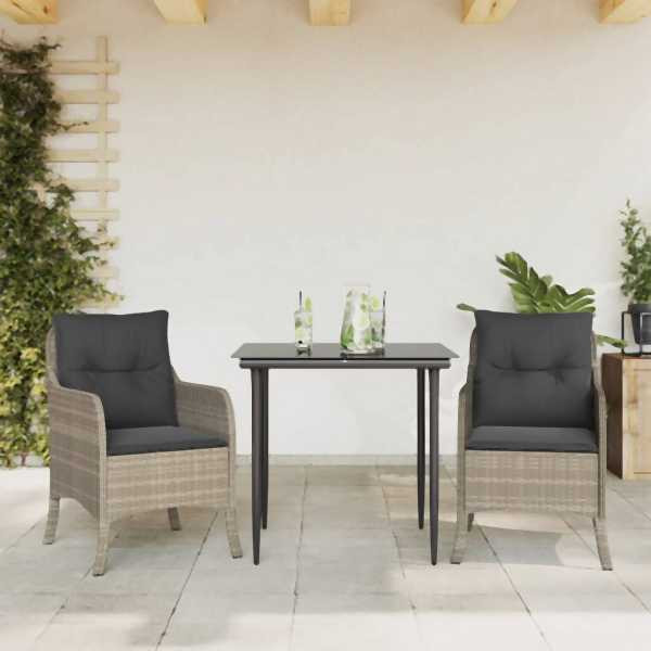 vidaXL 3-tlg. Garten-Essgruppe mit Kissen Hellgrau Poly Rattan, UV-beständig, 3211990