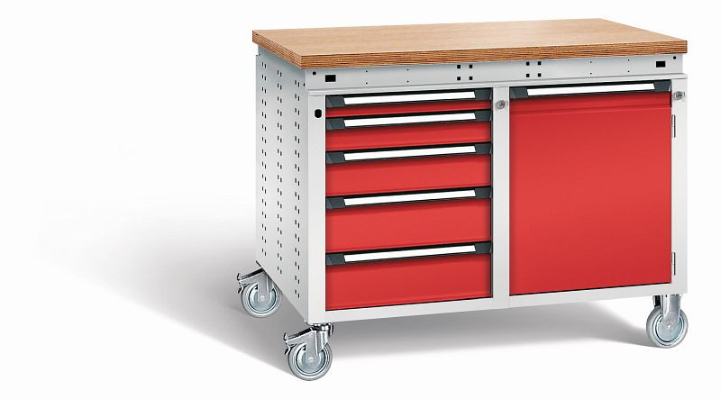 Otto Kind Werkbank Serie function Typ 253 fahrbar, Multiplexplatte 40 mm, bündig, 2x Unterbau, Gehäuse RAL 7035, Front RAL 3000, 072384134