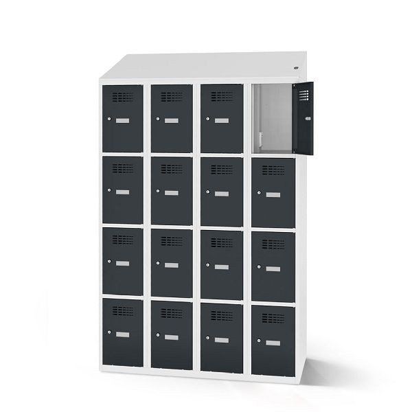 Rotstahl Fächerschrank, 16 Fächer, kurzer Sockel, mit Ladefunktion, Schrägdach, Korpus: lichtgrau, Türen: anthrazitgrau, 2180-040400-1201112-7035-7016